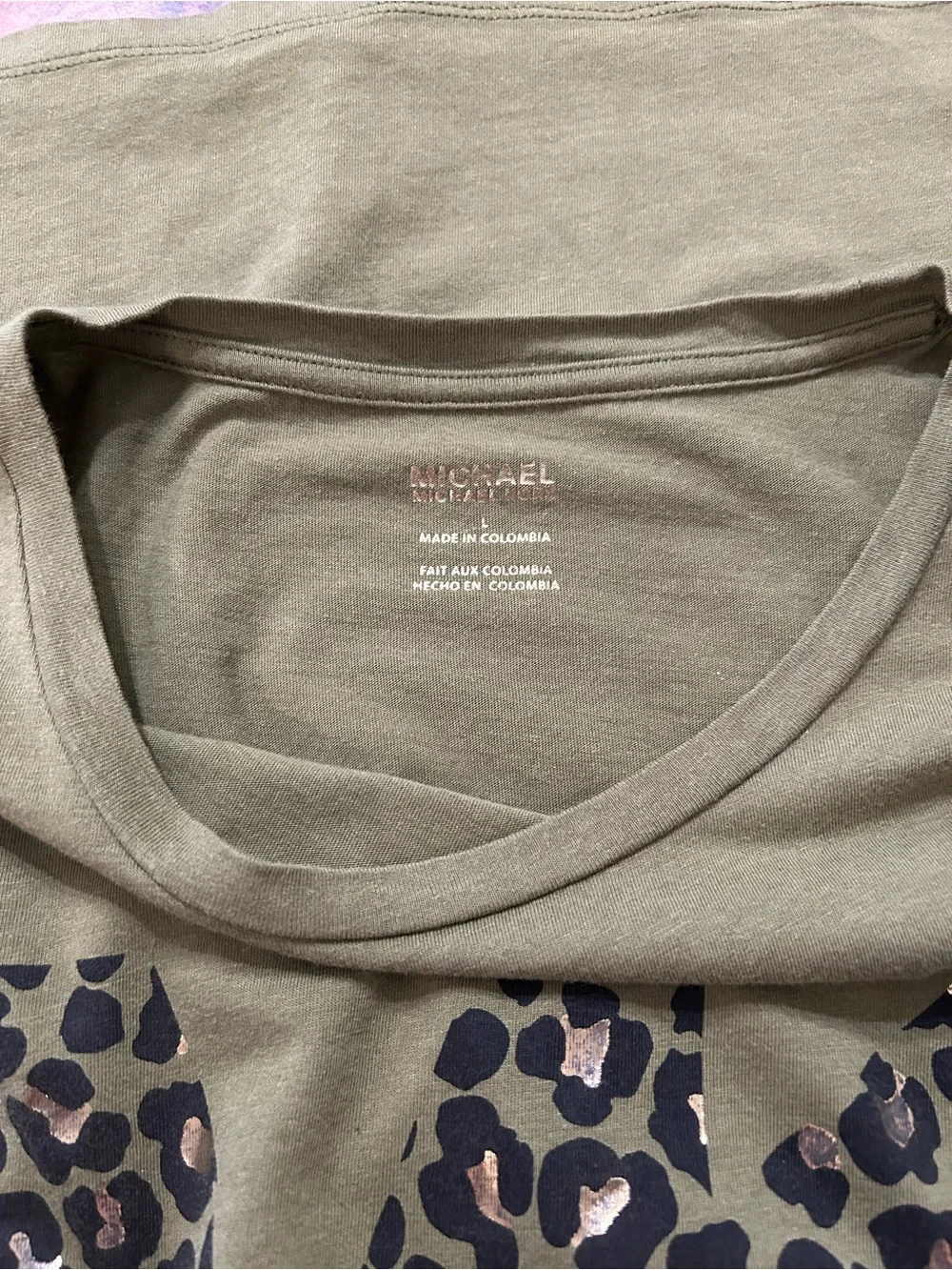Michael Kors Olive Green Tee with Leopard MK Logo